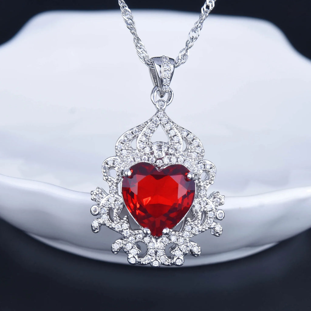 Vintage Heart Ruby Pendant Necklace Silver Banquet Party Choker