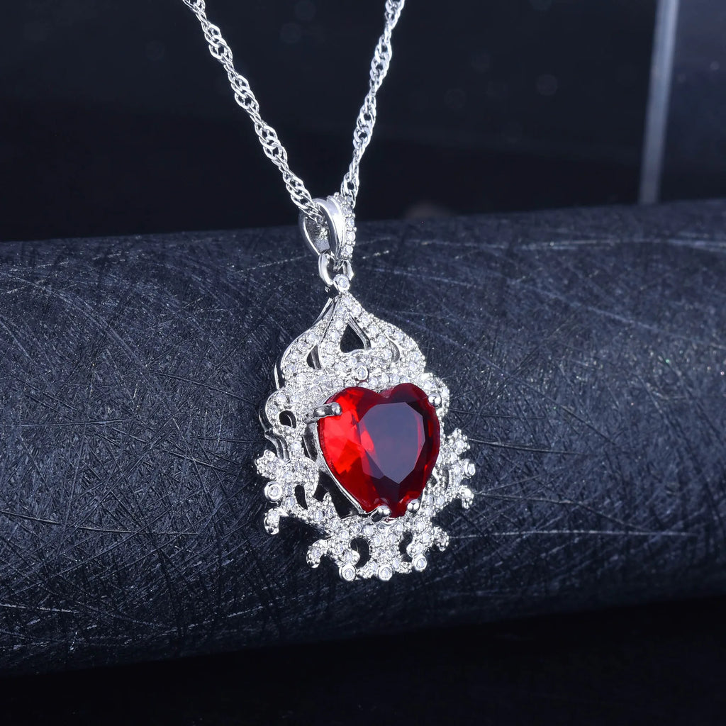 Vintage Heart Ruby Pendant Necklace Silver Banquet Party Choker