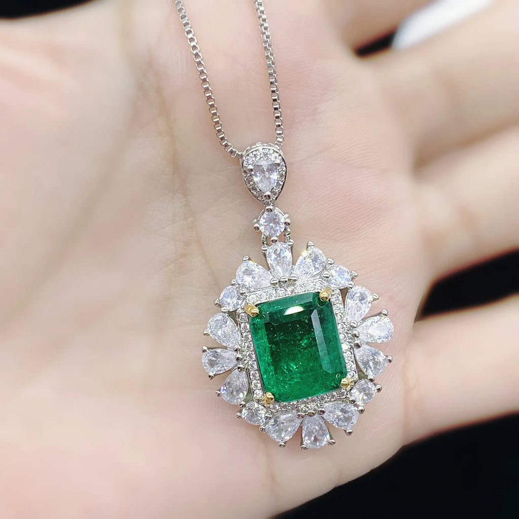 Vintage Natural Lab Emerald Necklace for Women Wedding Engagement