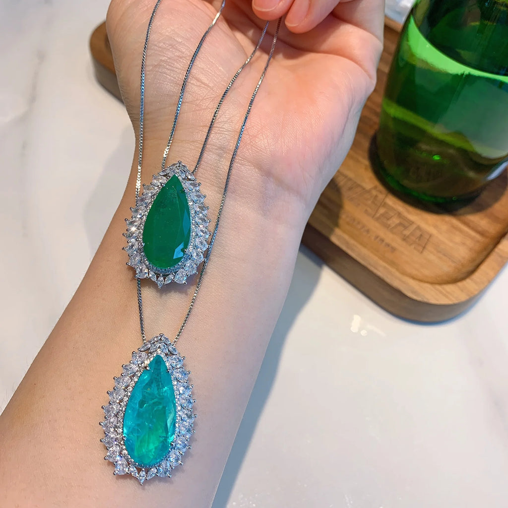 Vintage Silver Water Drop Paraiba Lab Emerald Pendant Necklace