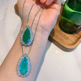 Vintage Silver Water Drop Paraiba Lab Emerald Pendant Necklace