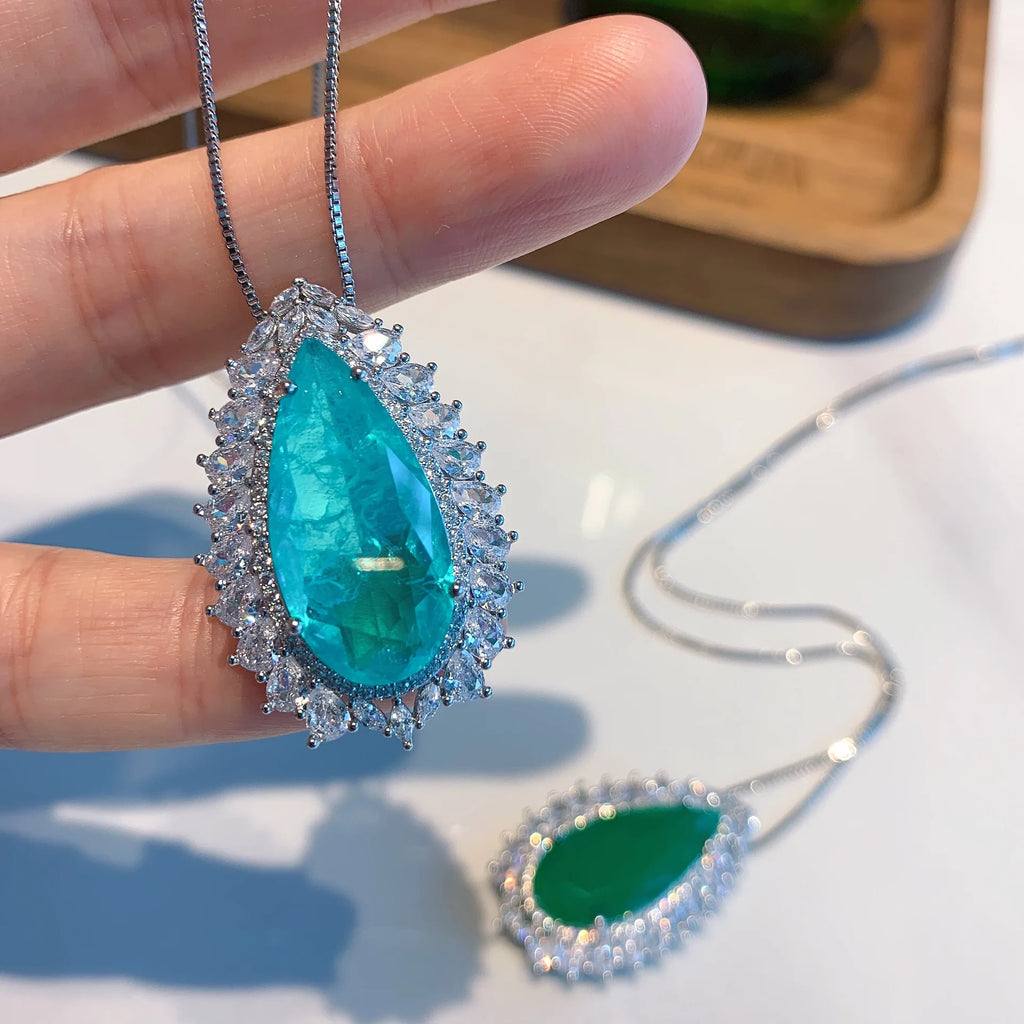 Vintage Silver Water Drop Paraiba Lab Emerald Pendant Necklace