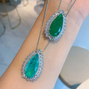 Vintage Silver Water Drop Paraiba Lab Emerald Pendant Necklace