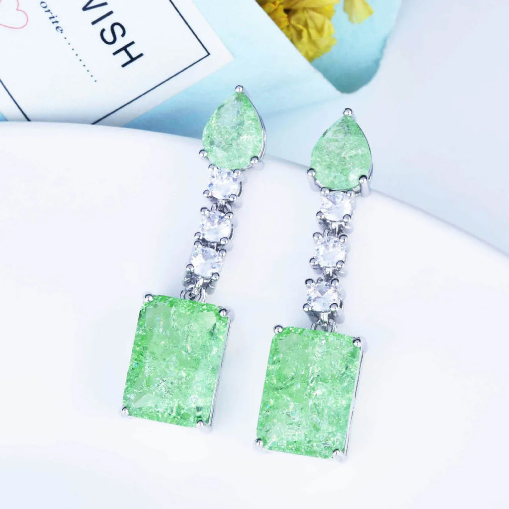 Vintage Tourmaline Stone Dangle Earrings Silver Geometric Square