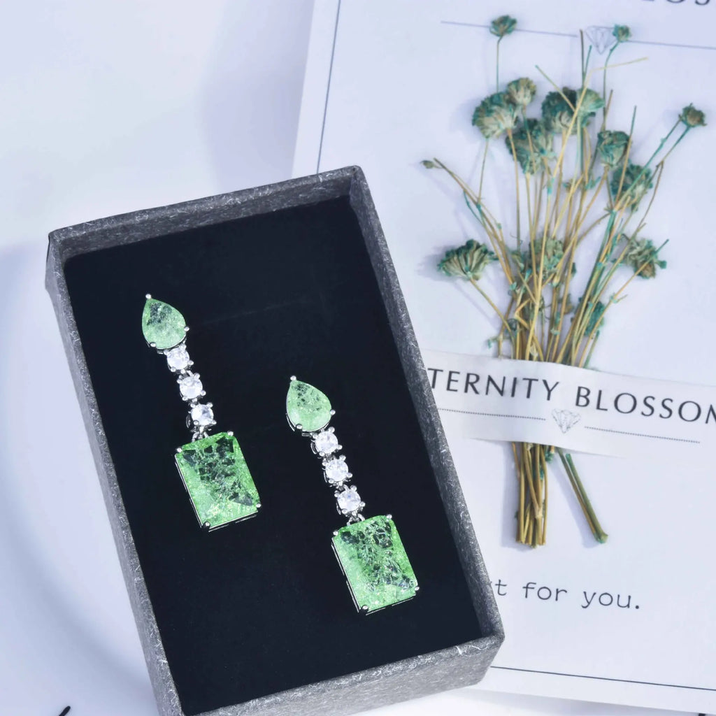 Vintage Tourmaline Stone Dangle Earrings Silver Geometric Square