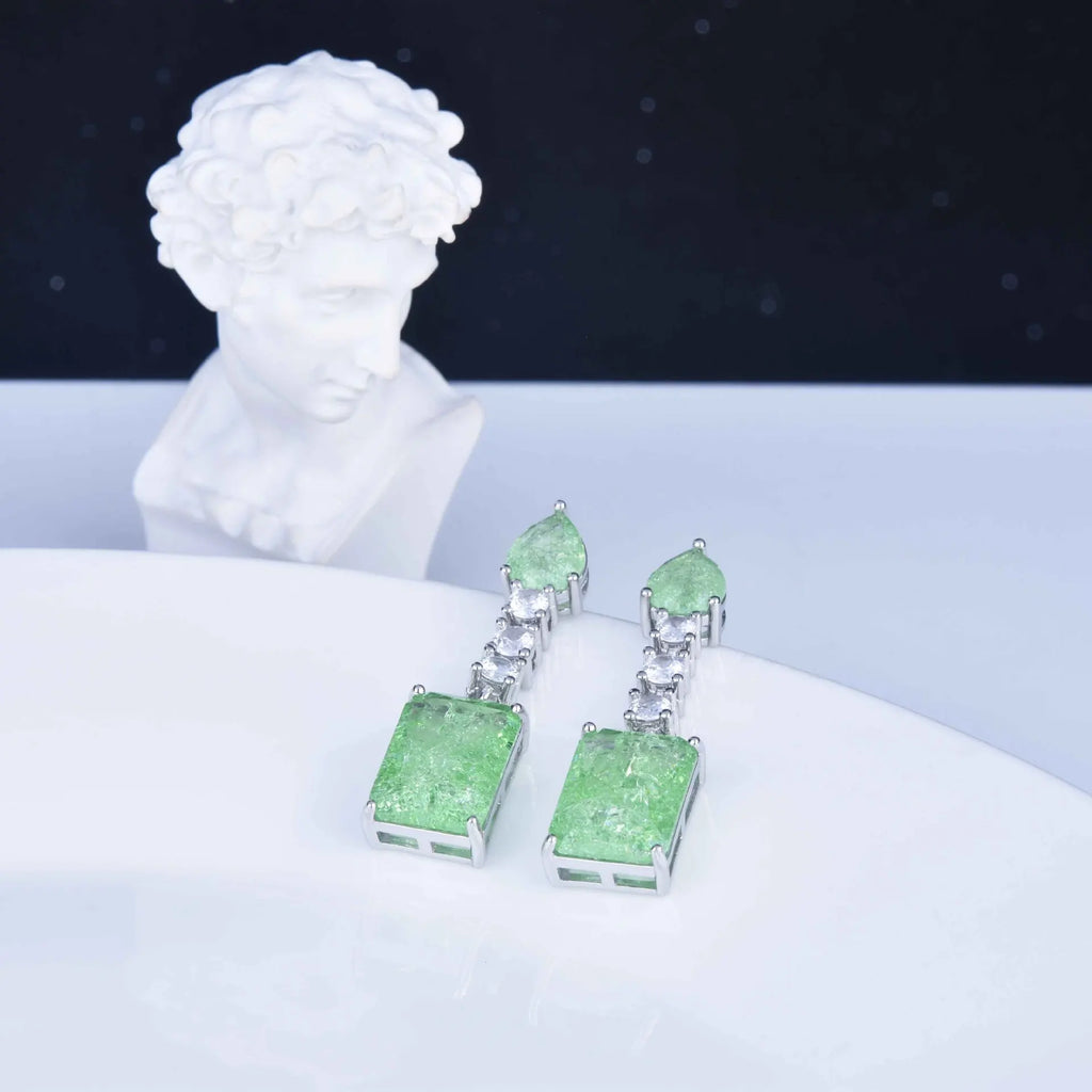 Vintage Tourmaline Stone Dangle Earrings Silver Geometric Square