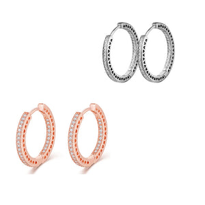 Clear CZ Radiant Hearts Hoop Earrings 925 Silver & Rose Golden Round Shape