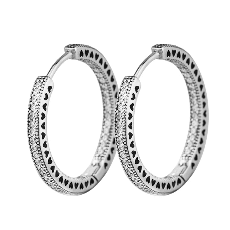 Clear CZ Radiant Hearts Hoop Earrings 925 Silver & Rose Golden Round Shape