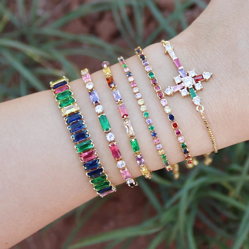 Rainbow Adjustable Bar Bracelets CZ Geometric For Women Bling DIY Gift
