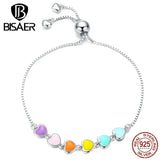925 Sterling Silver Heart Chain Bracelet Women Colorful Love Jewelry ECB158