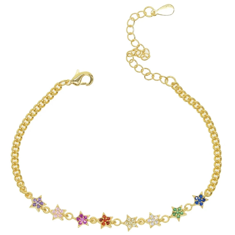 Rainbow CZ Cuban Link Chain Choker Necklace with Star Charm