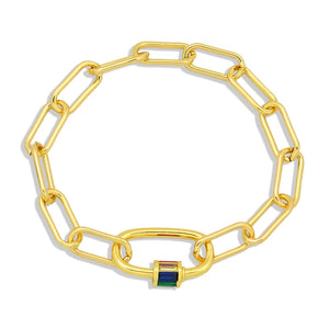 Rainbow CZ Heart Bracelet with Carabiner Lock