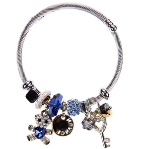 Rainbow Coin Pendant Bracelets Crystal Bead Stainless Steel Adjustable Bangles