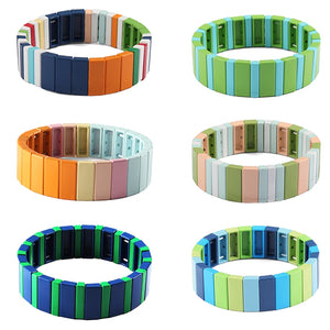 Colorful Enamel Tile Bracelet Tila Beads Stackable Square Combo Elastic Stretch