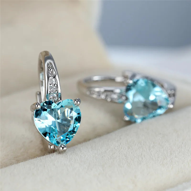Multicolor Stone Hoop Earrings Aqua Zircon Heart Earrings Boho Silver Wedding Ea