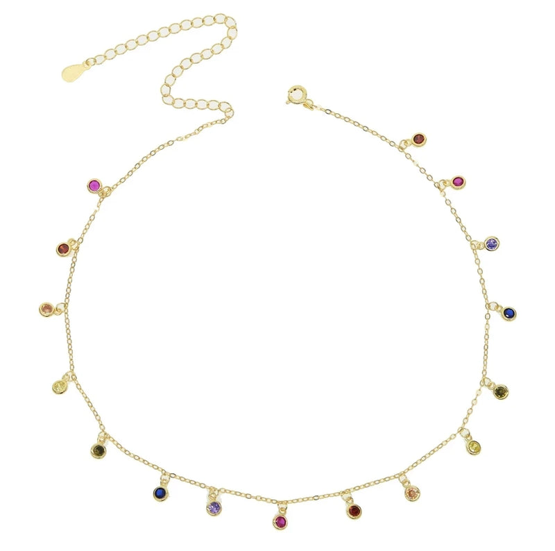 925 Sterling Silver Rainbow Cz Charm Choker Necklace