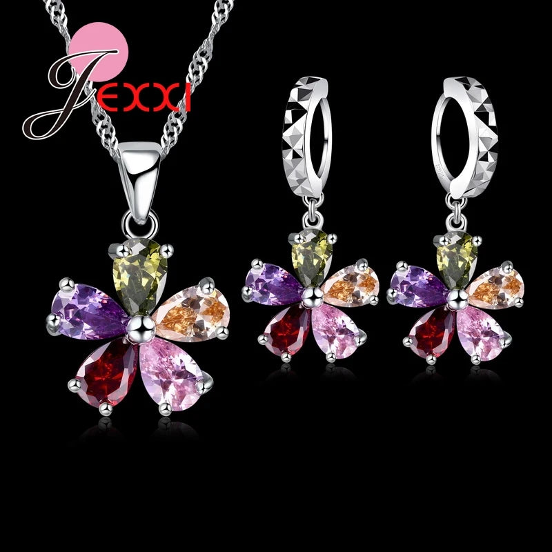 Colorful CZ Crystal Pendant Jewelry Sets Gift Necklace + Earring Sets