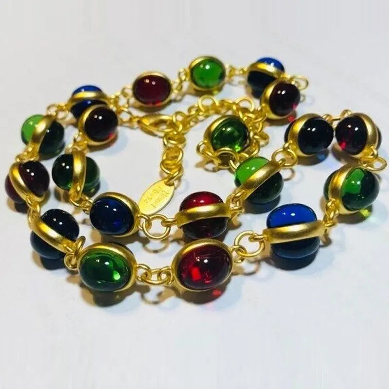 Vintage Style Long Necklace with Bezel Jelly Glass Cabochons