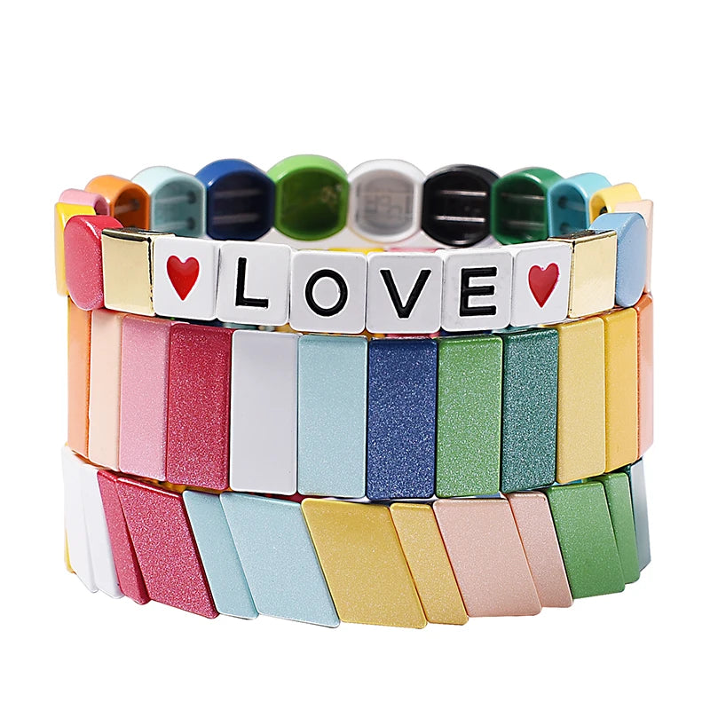 Rainbow Glitter Enamel Tile Beads Hematite Tila Stackable Strand Bracelet
