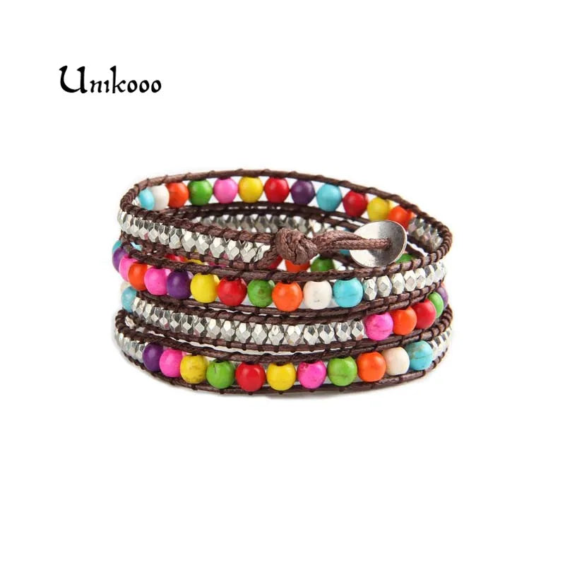 Rainbow Howlite Beads Wrap Bracelet on Imitation Leather & Wax