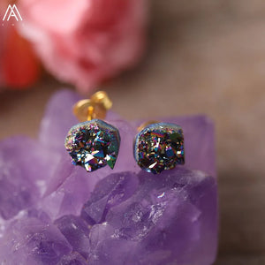 Rainbow Drusy Geode Chip Bead Stud Earrings