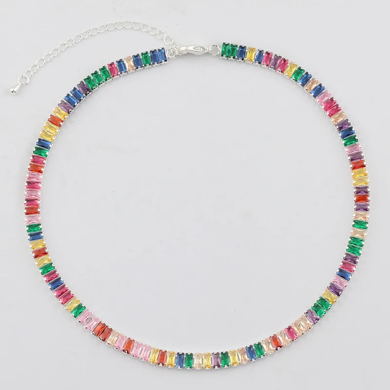 Rainbow Tennis CZ Necklace for Women Crystal Colorful Stone Choker Jewelry