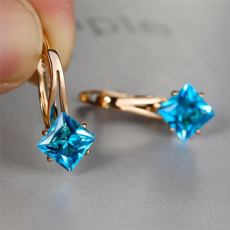 Rainbow Zircon Square Stone Earrings Antique Rose Wedding
