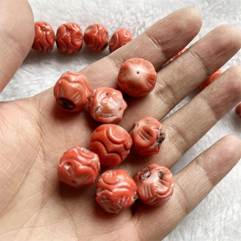 Rare 16MM Carved Coral Orange Red Gemstone Loose Beads