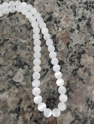 Rare Selenite Round Shpere Gemstone Beaded Stretch Necklace