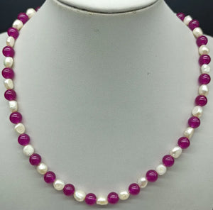 Freshwater Pearl & Rose Red Jade Charm Necklace 18 Inches