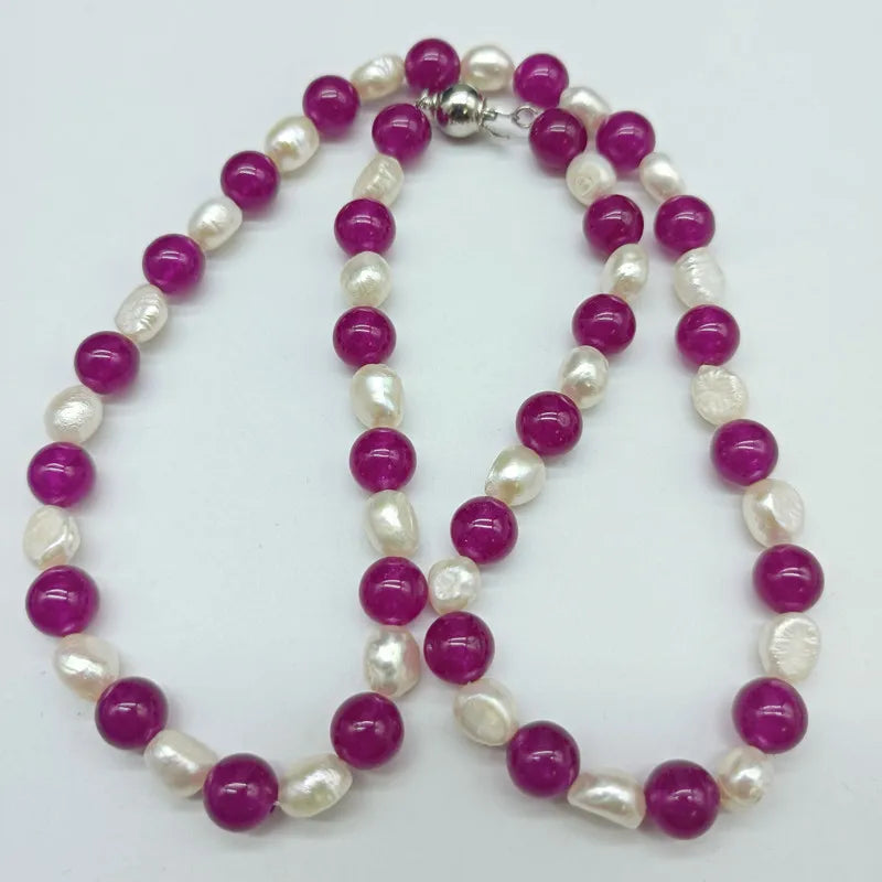 Freshwater Pearl & Rose Red Jade Charm Necklace 18 Inches