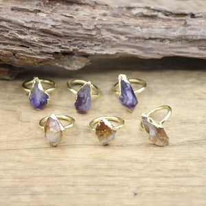 Raw Amethysts Tail Rings Citrines Druzy Chips Golden Circle Finger Ring