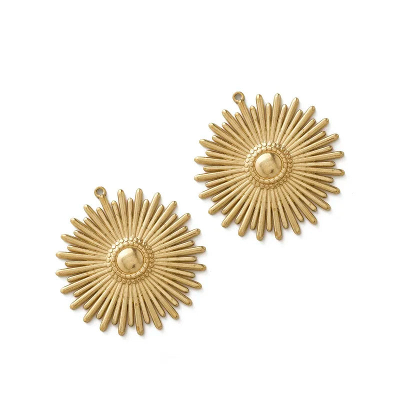 Raw Brass Sun Radiating Light Charms Daisy Flower Pendant, 6pcs