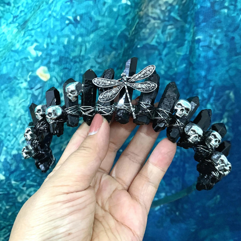 Raw Crystal Crown Wicca Dragonfly Skull Crystal Headband Jewelry
