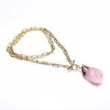 Real Rose Quartz Necklace 18K Filled Chain Natural Stone Pendant Unique Femme