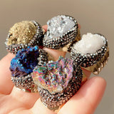 Raw Rock Quartz Agates Ring Cuff Open Adjustable Midi Knuckle Big Crystal Ring