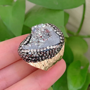 Raw Rock Quartz Agates Ring Cuff Open Adjustable Midi Knuckle Big Crystal Ring