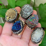 Raw Rock Quartz Agates Ring Cuff Open Adjustable Midi Knuckle Big Crystal Ring