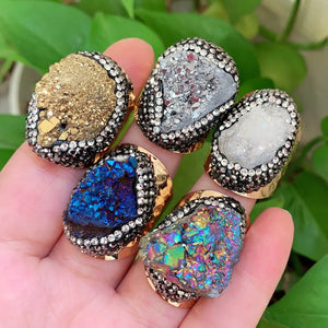 Raw Rock Quartz Agates Ring Cuff Open Adjustable Midi Knuckle Big Crystal Ring