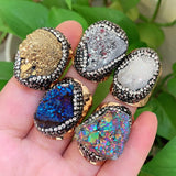Raw Rock Quartz Agates Ring Cuff Open Adjustable Midi Knuckle Big Crystal Ring