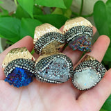 Raw Rock Quartz Agates Ring Cuff Open Adjustable Midi Knuckle Big Crystal Ring