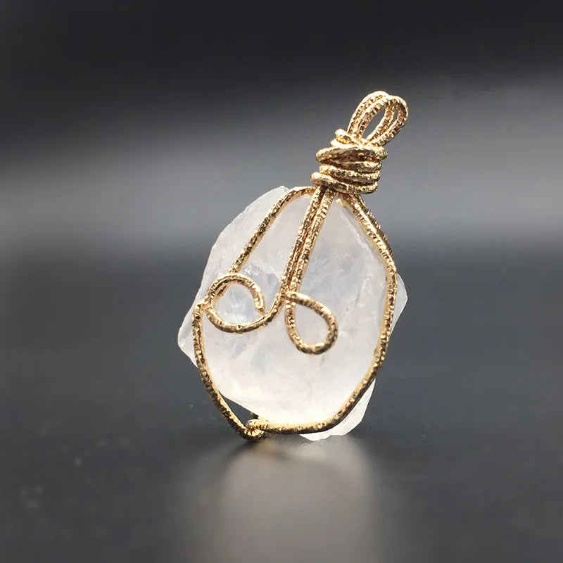Raw Stone Charm Quartz Copper Wire Wrapped Big Quartz Pendant Necklace