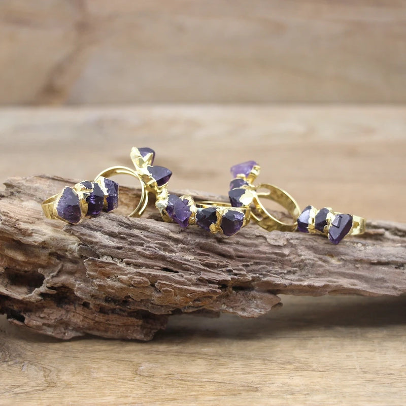 Raw Amethysts Druzy Circle Finger Ring Women Jewelry