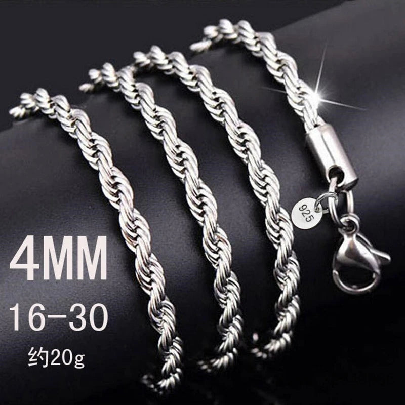 100% 925 Sterling Silver 4MM Rope Chain Unisex Necklace