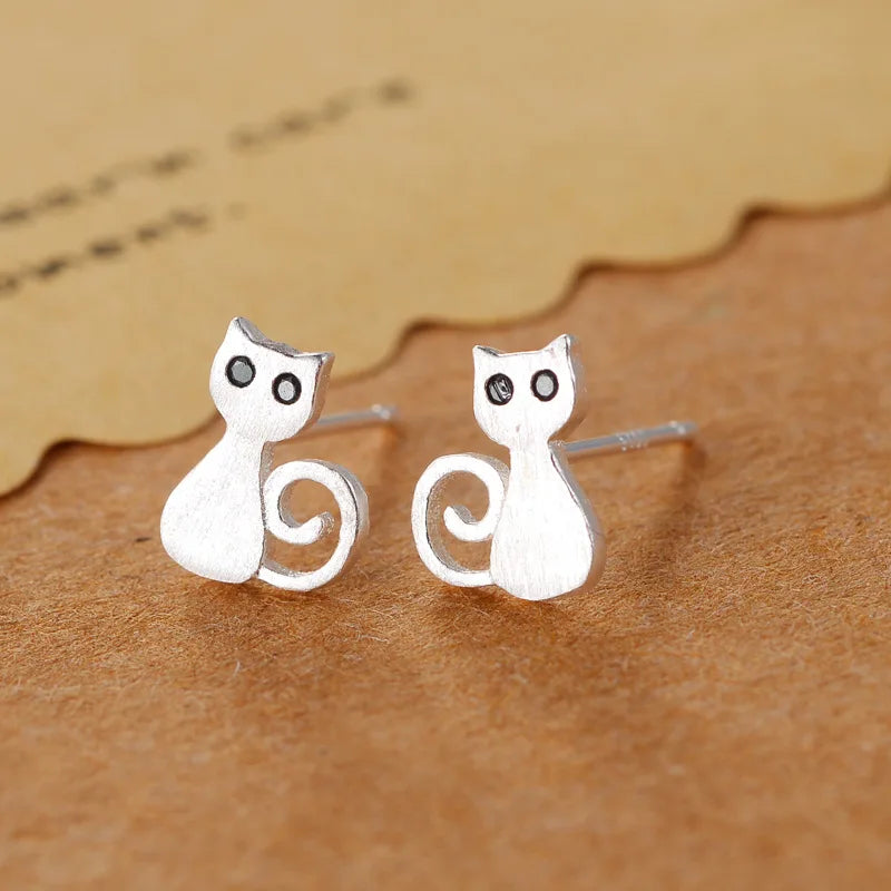 925 Silver Cat Stud Earrings Women Girls