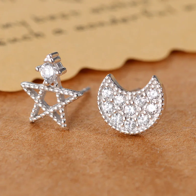 925 Silver Star Moon Zircon Stud Earrings Women Girls Jewelry Brincos