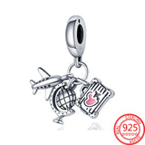 925 Silver Travel Air Plane Car Passport Globe Pav Feather Charm