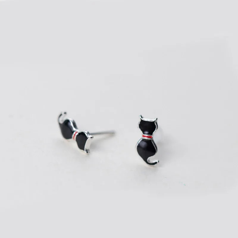 925 Silver Cat Stud Earrings Girls Women Jewelry