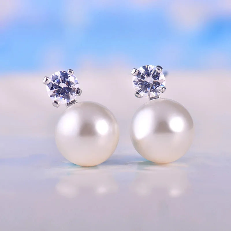 925 Silver Pearl Zircon Stud Earrings for Women