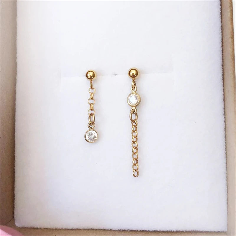 14K Filled Chain Asymmetry Earrings Zircon Earrings Jewelry Brinco Vintage